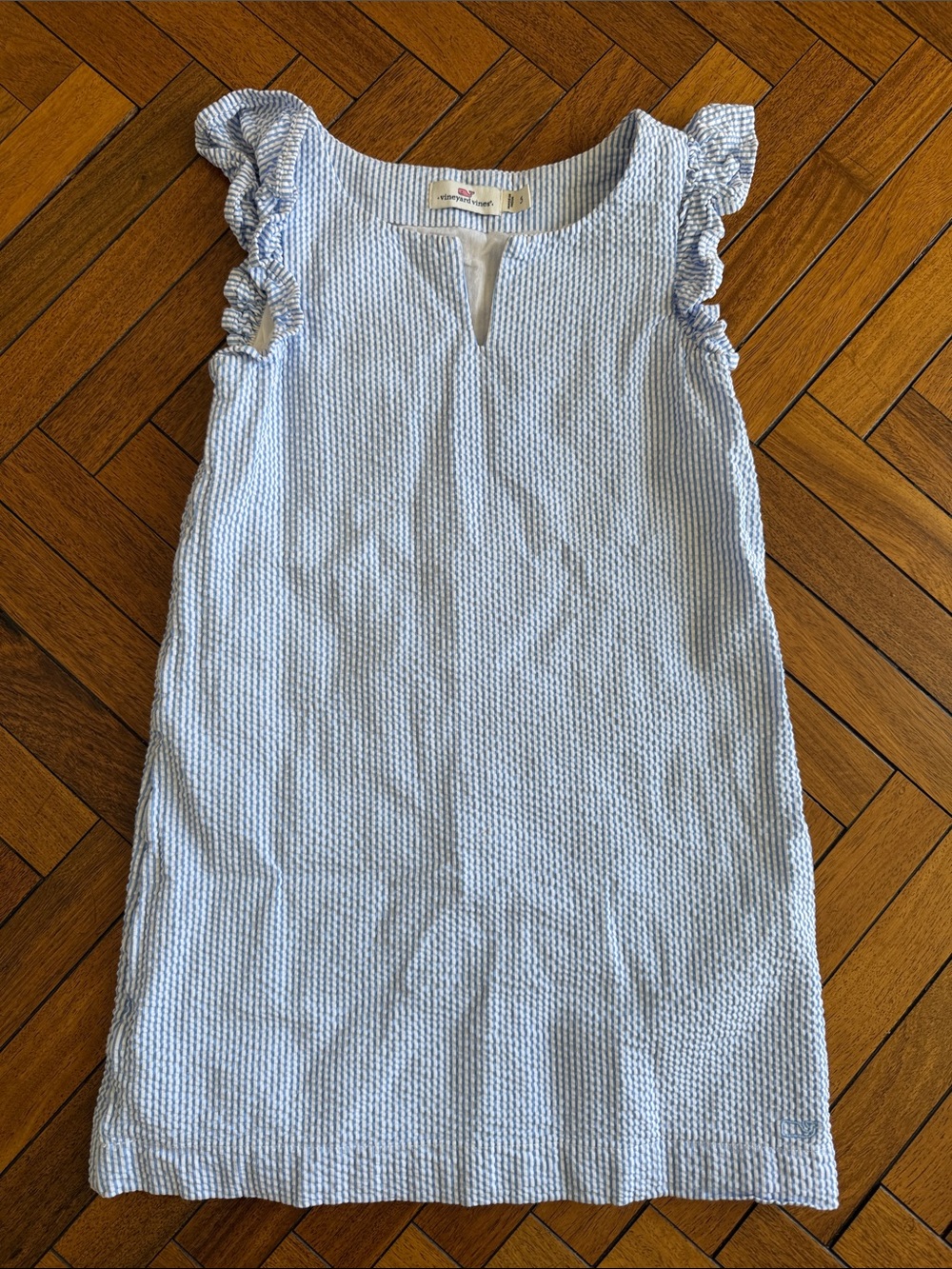 Vineyard Vines Baby Blue Seersucker Ruffle Sleeve Dress